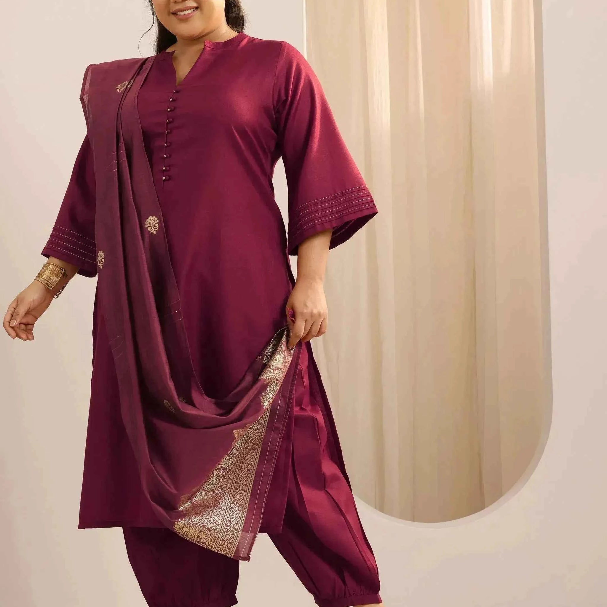 Plus Size Maroon Solid Cotton Blend Straight Suit Set With Dupatta