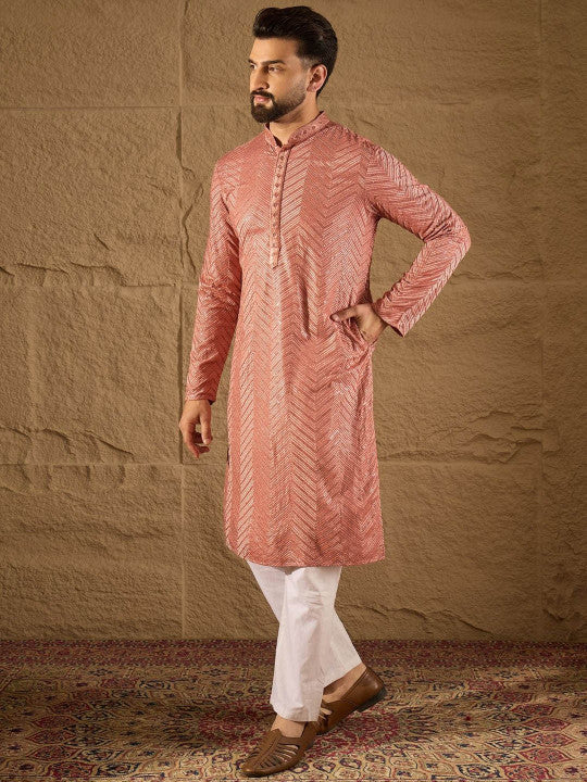 House of Pataudi Chevron Embroidered Mandarin Collar Straight Kurta With Trousers