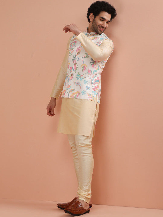 KISAH Men Digital Print Kurta Nehru Jacket Churidar Set