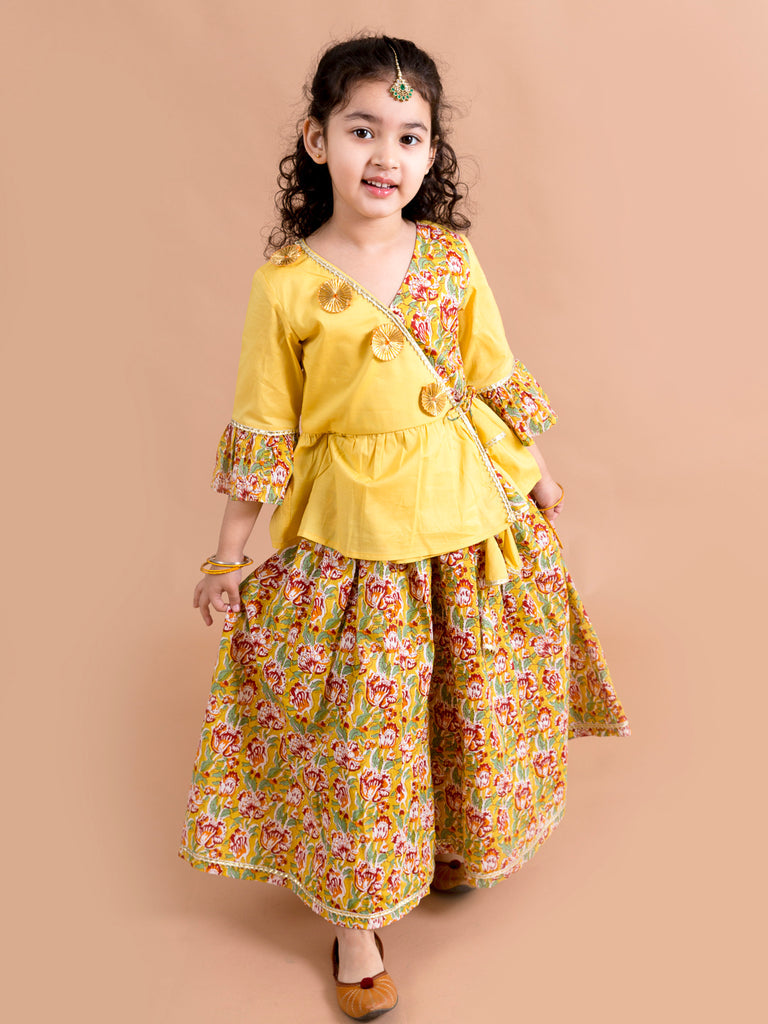 Pspeaches Girls Mustard Yellow Floral Printed Angrakha Pure Cotton Kurti With Palazzos (IW-Floralmustard)