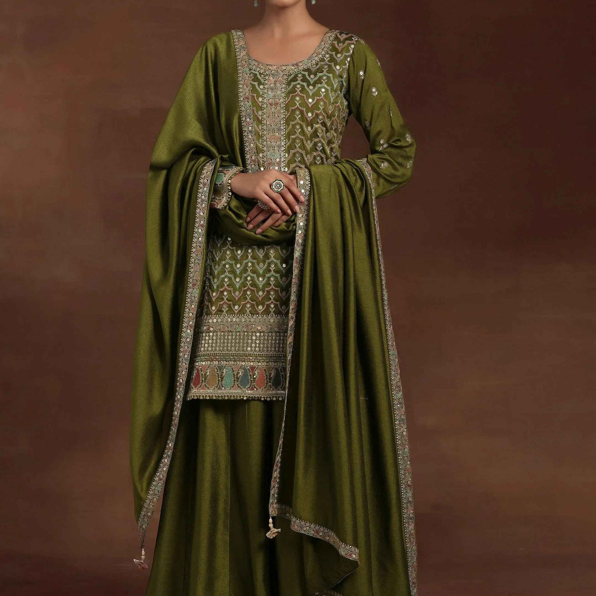 Adaa Olive Embroidered Silk Blend Straight Kurta With Palazzos & Dupatta