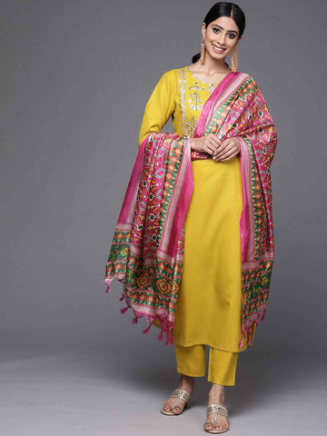 Women Yellow Yoke Design Kurta With Trousers And Dupatta Set