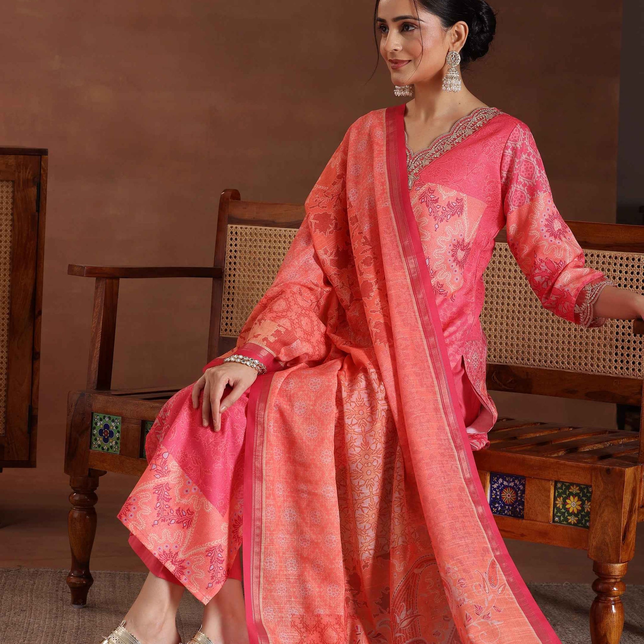 Pink Printed Cotton Blend Straight Suit With Dupatta