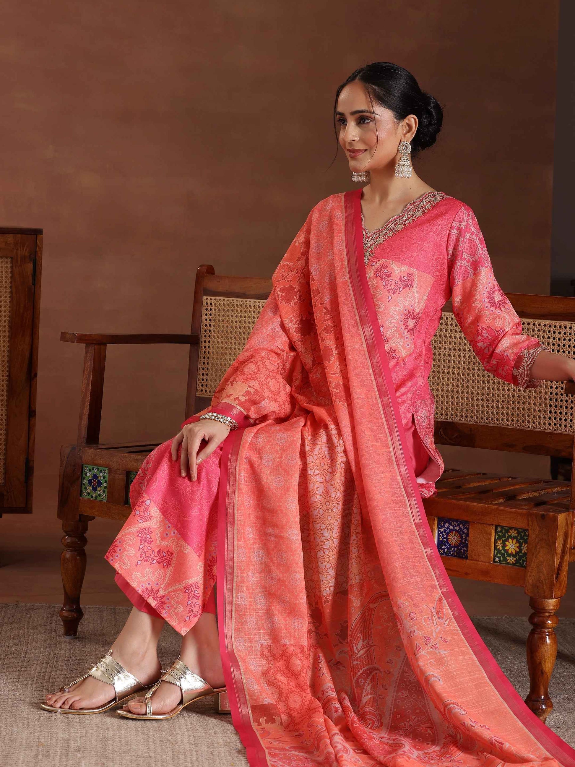 Pink Printed Cotton Blend Straight Suit With Dupatta