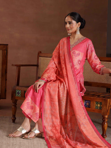 Pink Printed Cotton Blend Straight Suit With Dupatta