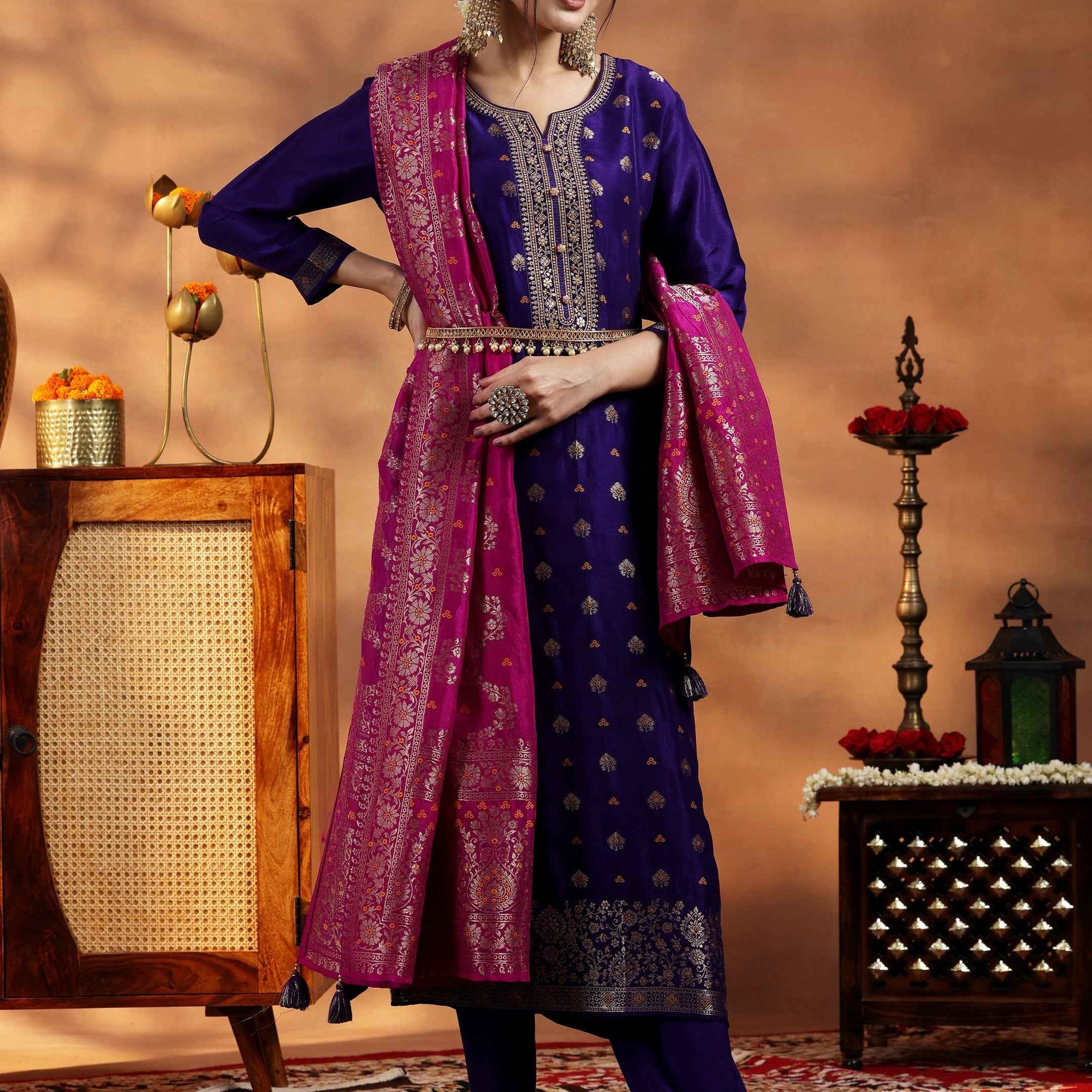 Purple Woven Design Silk Blend Straight Suit With Dupatta