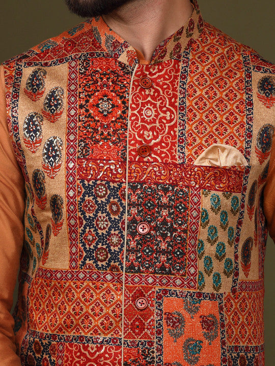 KISAH Mandarin Collar Straight Kurta & Churidar With Nehru Jacket
