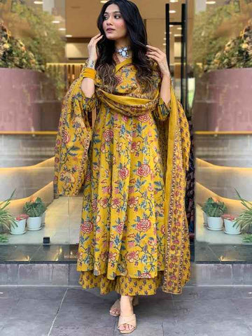 Women Floral Printed V-Neck Anarkali Kurta with Palazzos & With Dupatta