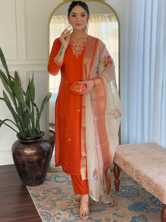 VARNI FABRICS Floral Embroidered V-Neck Sequinned Straight Kurta With Trousers And Dupatta - Dhevu