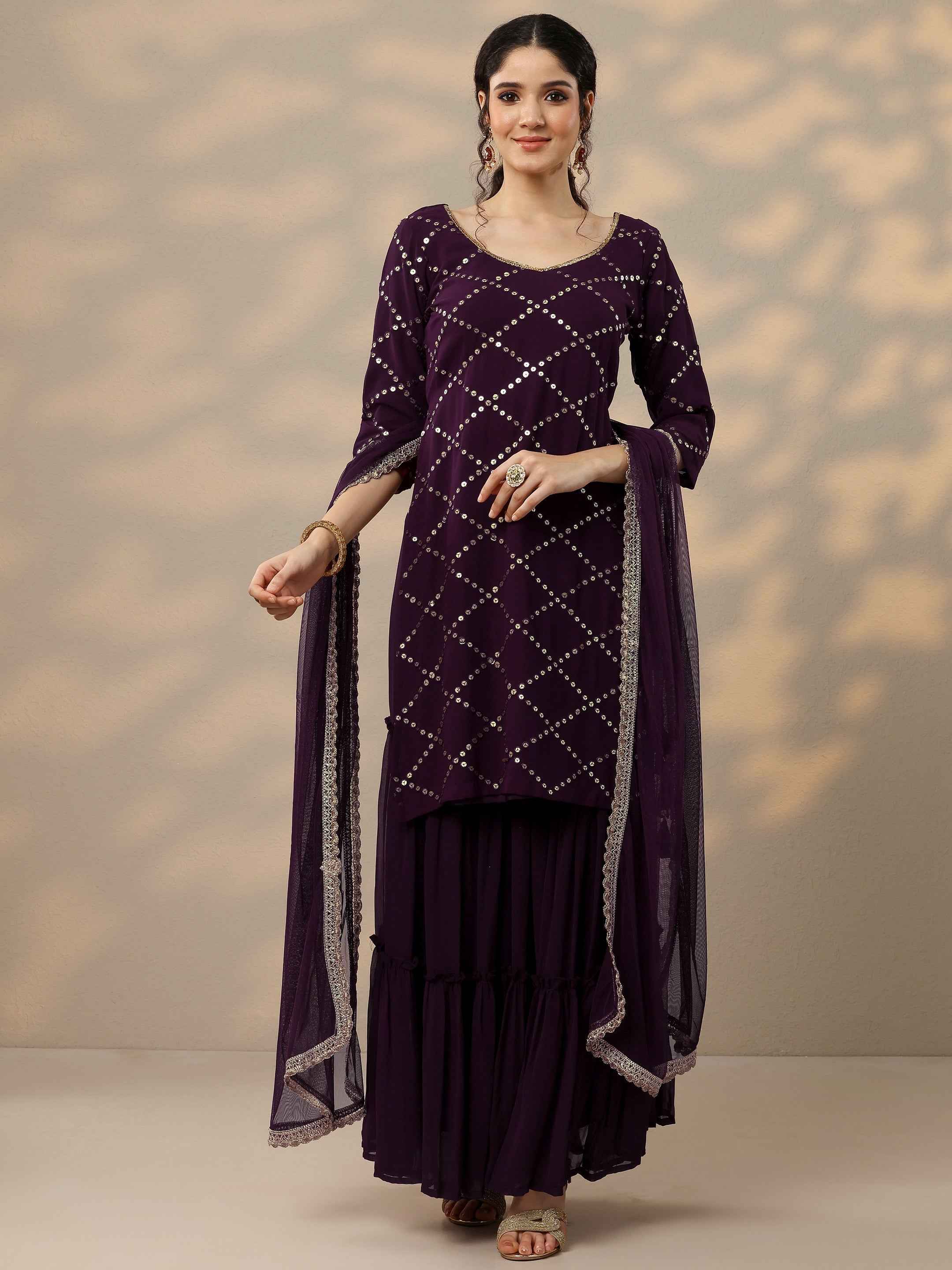 Purple Embroidered Georgette Straight Sharara Suit Set With Dupatta