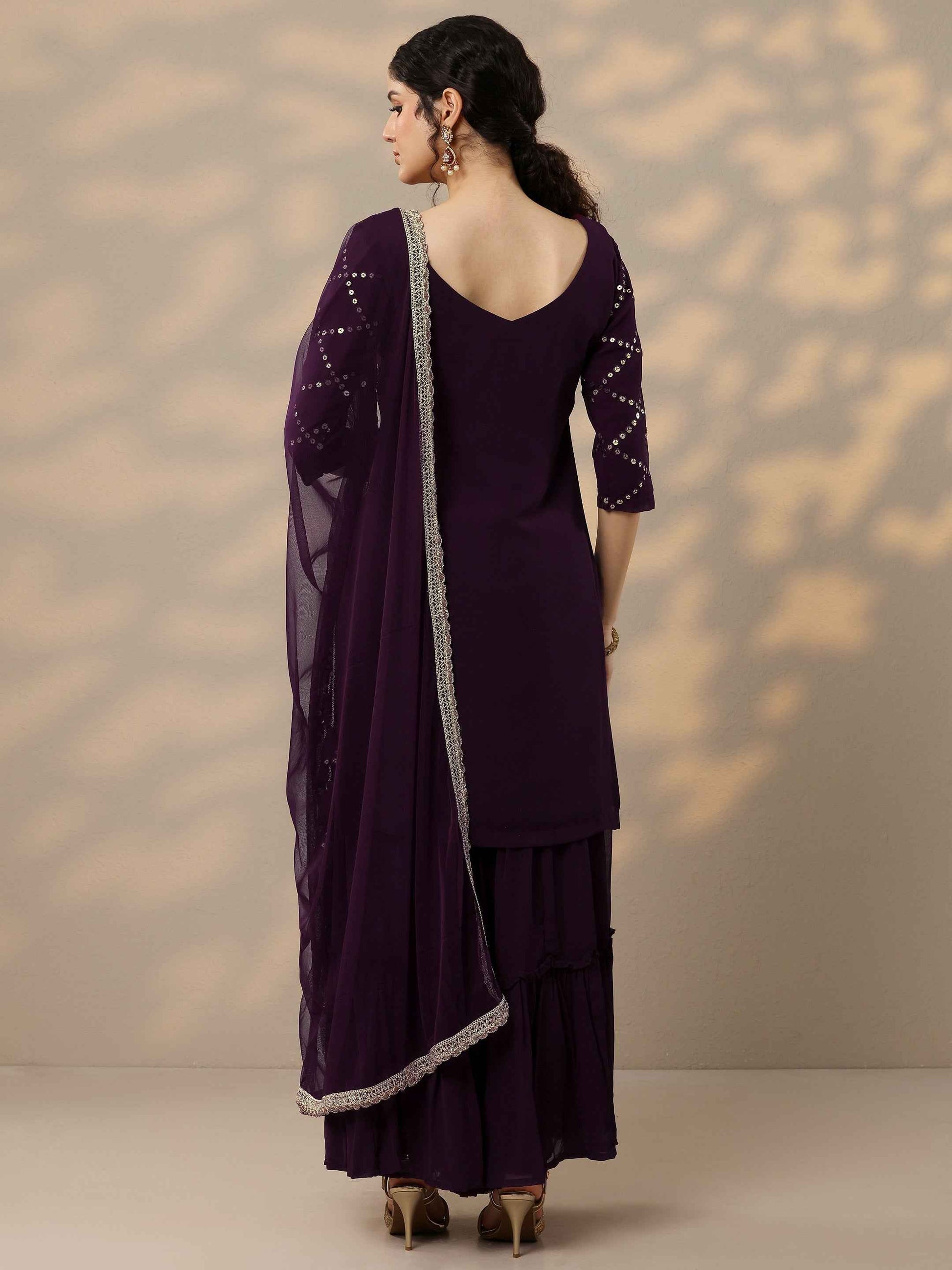 Purple Embroidered Georgette Straight Sharara Suit Set With Dupatta