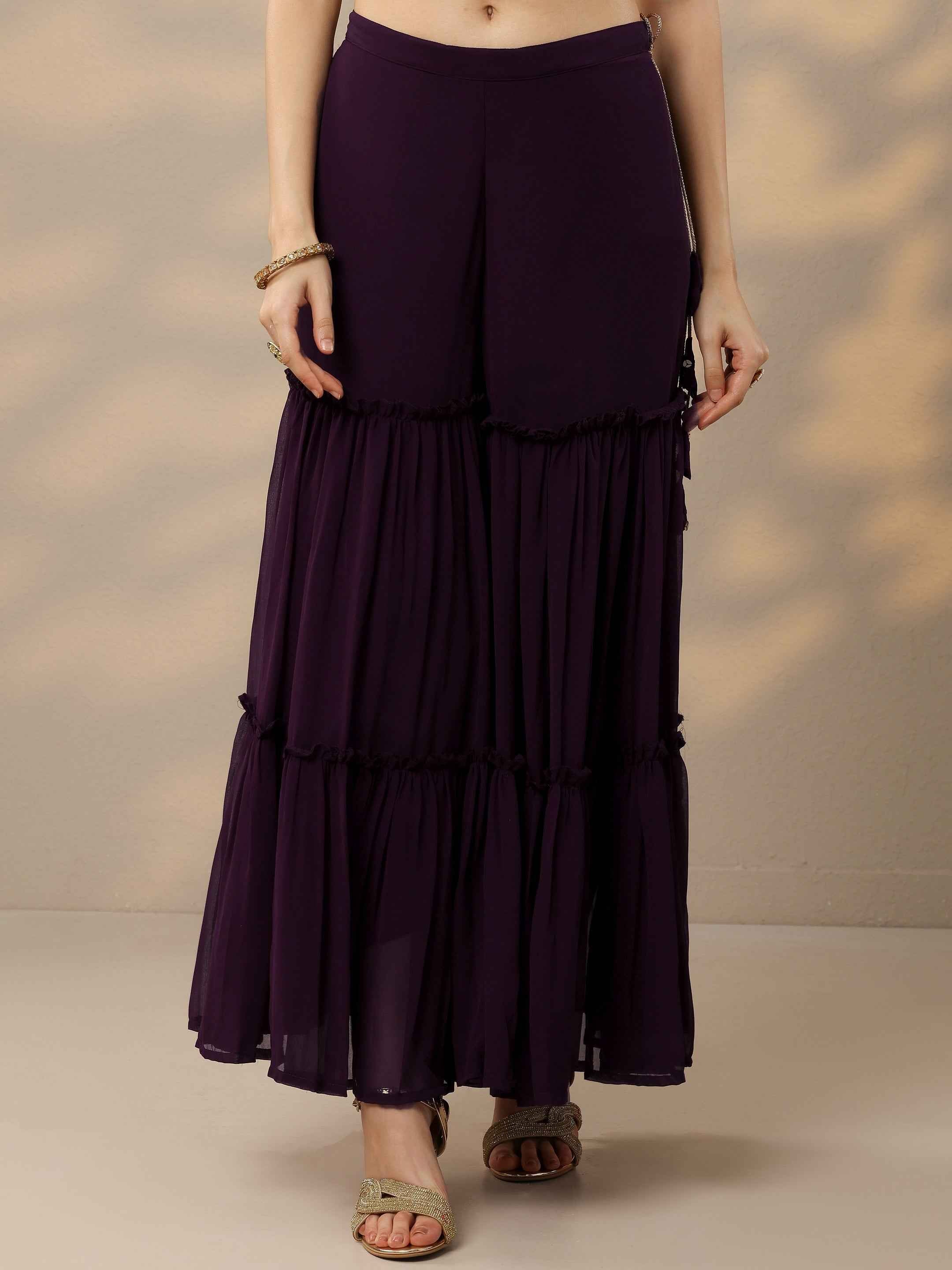 Purple Embroidered Georgette Straight Sharara Suit Set With Dupatta