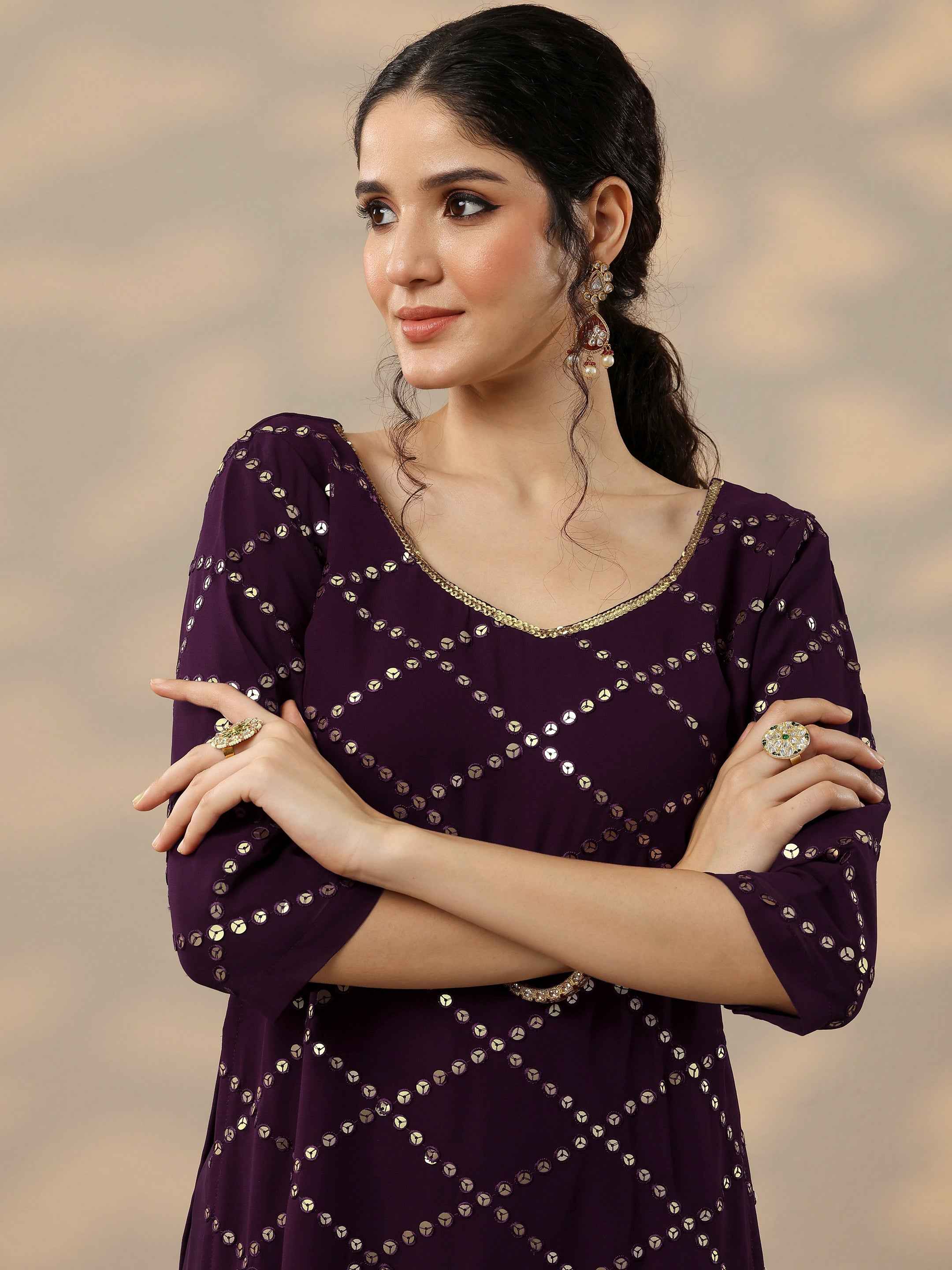 Purple Embroidered Georgette Straight Sharara Suit Set With Dupatta
