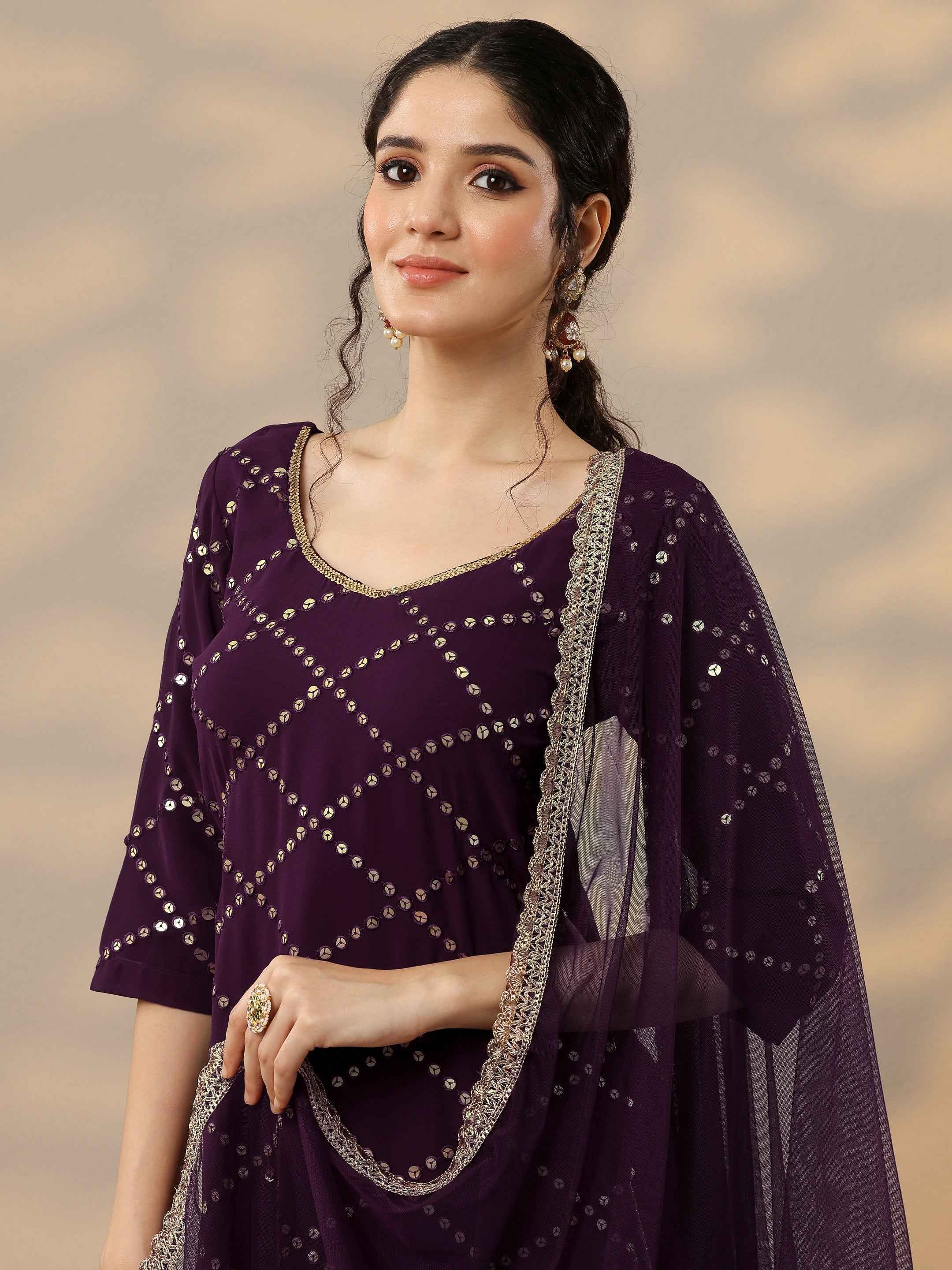 Purple Embroidered Georgette Straight Sharara Suit Set With Dupatta