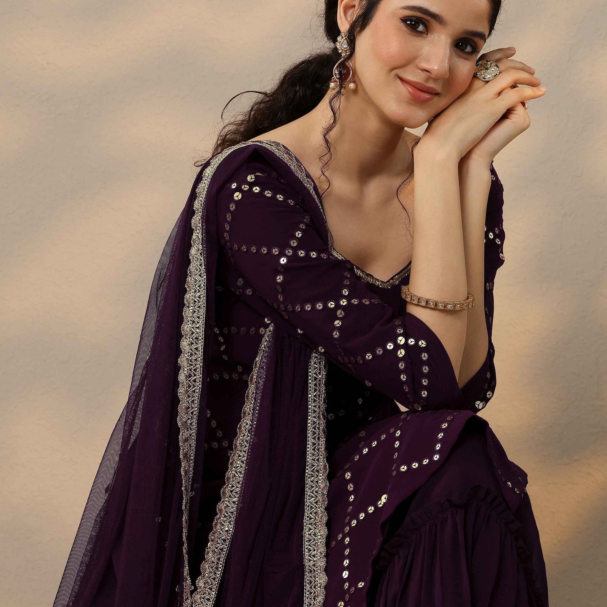 Purple Embroidered Georgette Straight Sharara Suit Set With Dupatta