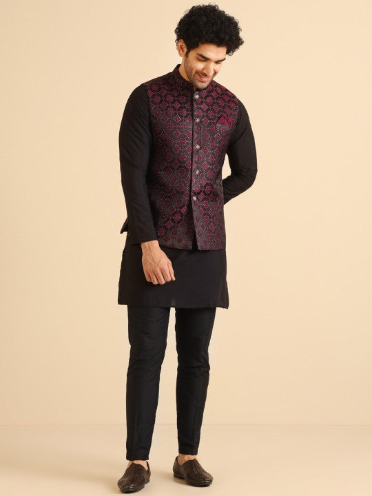 Men Textured Regular Fit Self Kurta Jacket Trouser Set