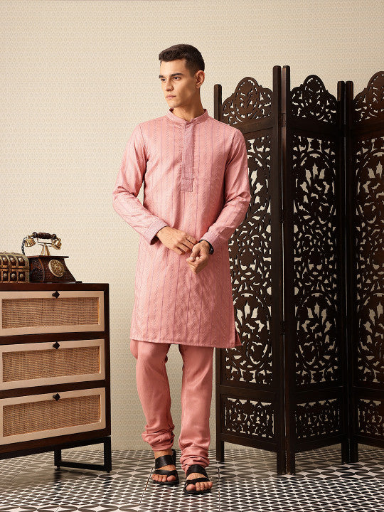 House of Pataudi Embroidered Band Collar Sequinned Jashn Kurta with Churidar