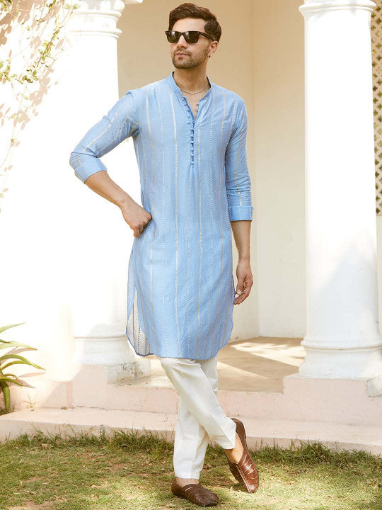 See Designs Mandarin Collar Long Sleeves Sequined Straight Kurta with Pyjama