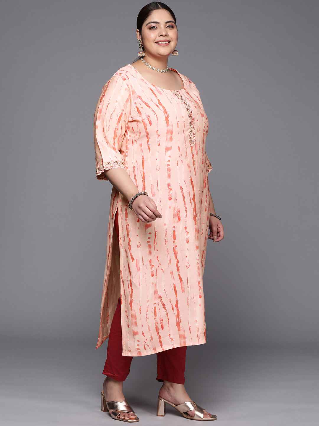 Plus Size Peach Printed Silk Straight Kurta