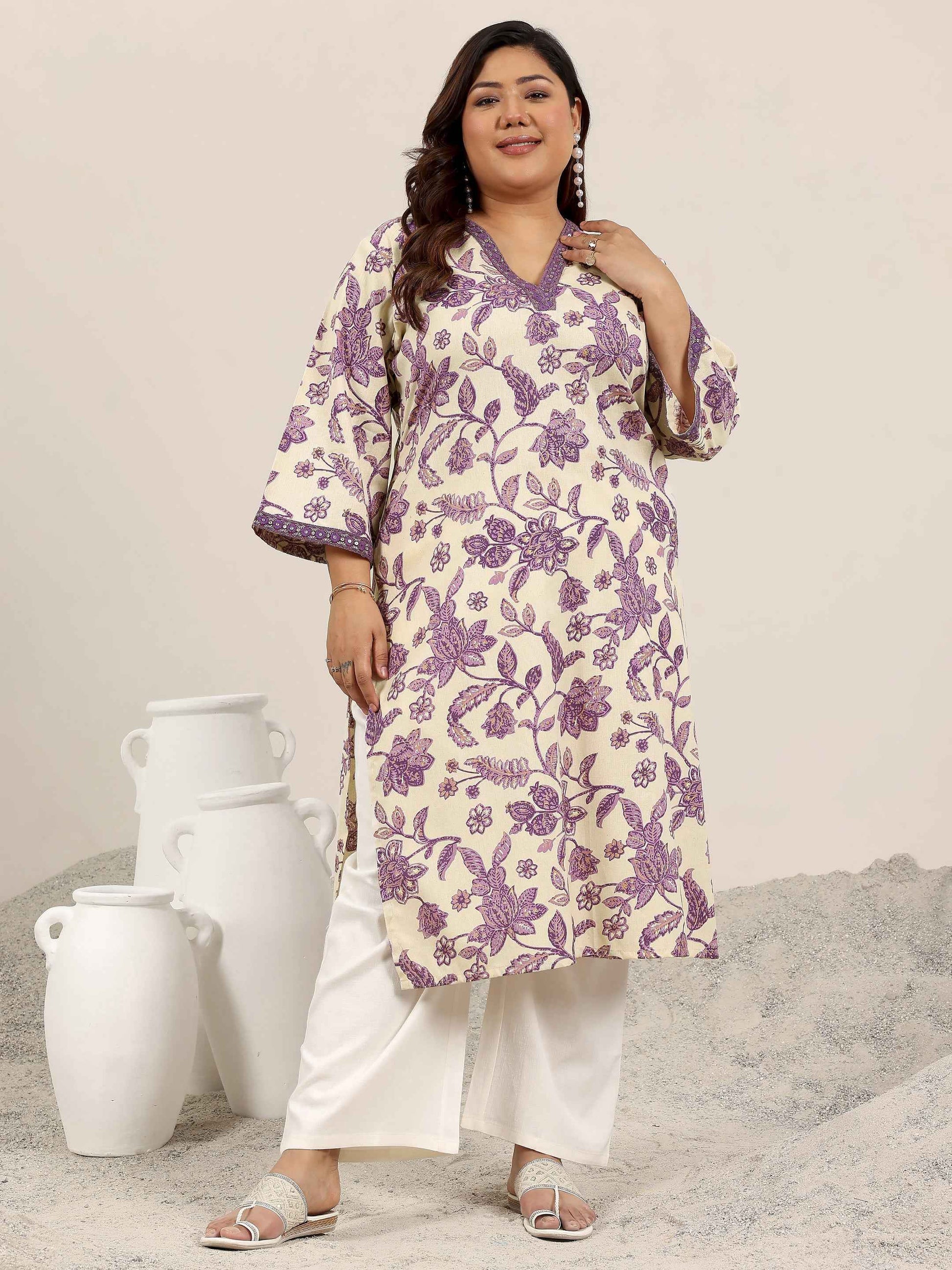 Plus Size Off White Printed Rayon Kurta