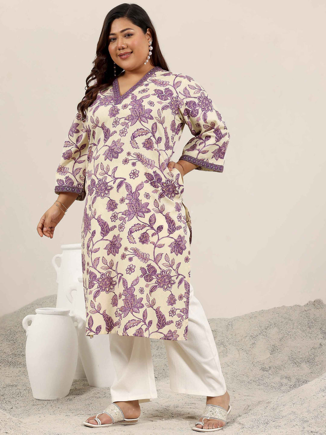 Plus Size Off White Printed Rayon Kurta
