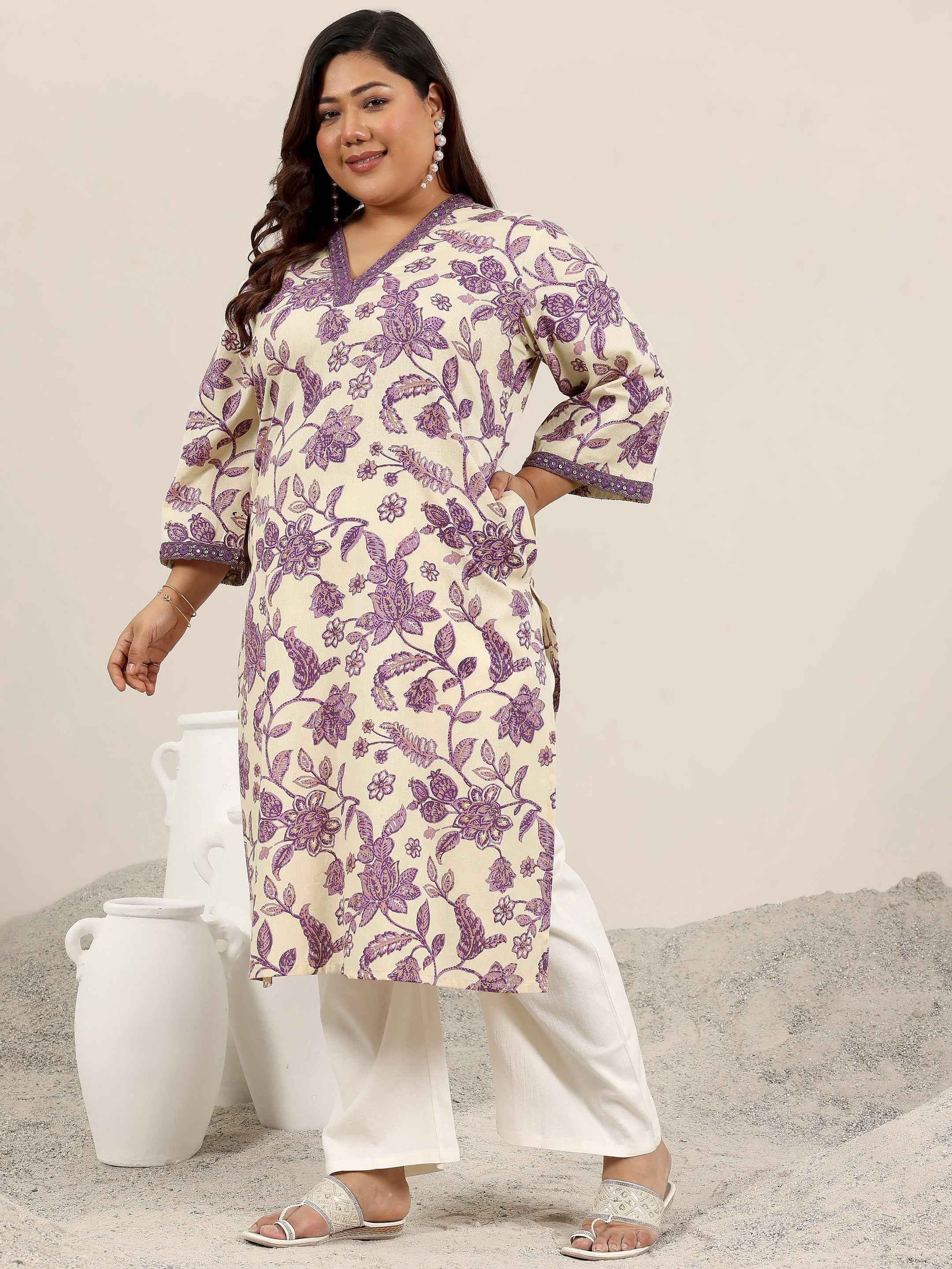 Plus Size Off White Printed Rayon Kurta