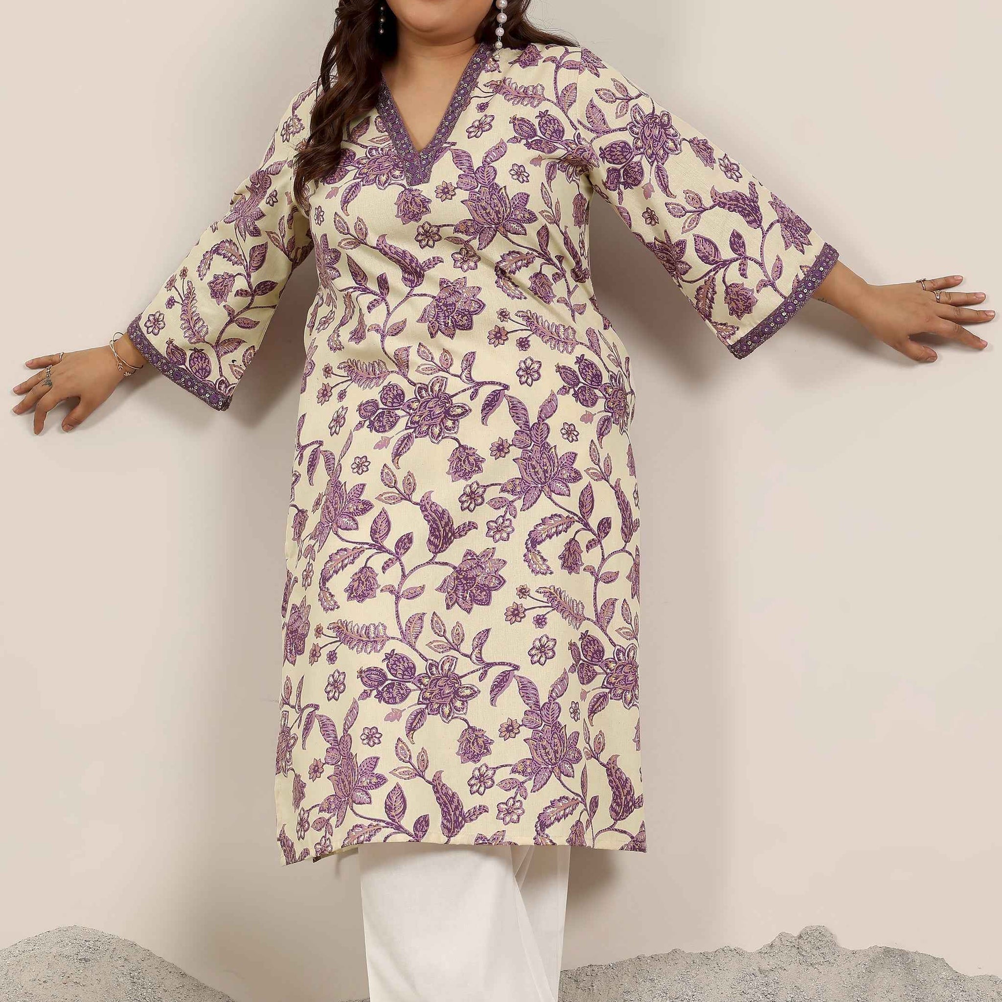 Plus Size Off White Printed Rayon Kurta