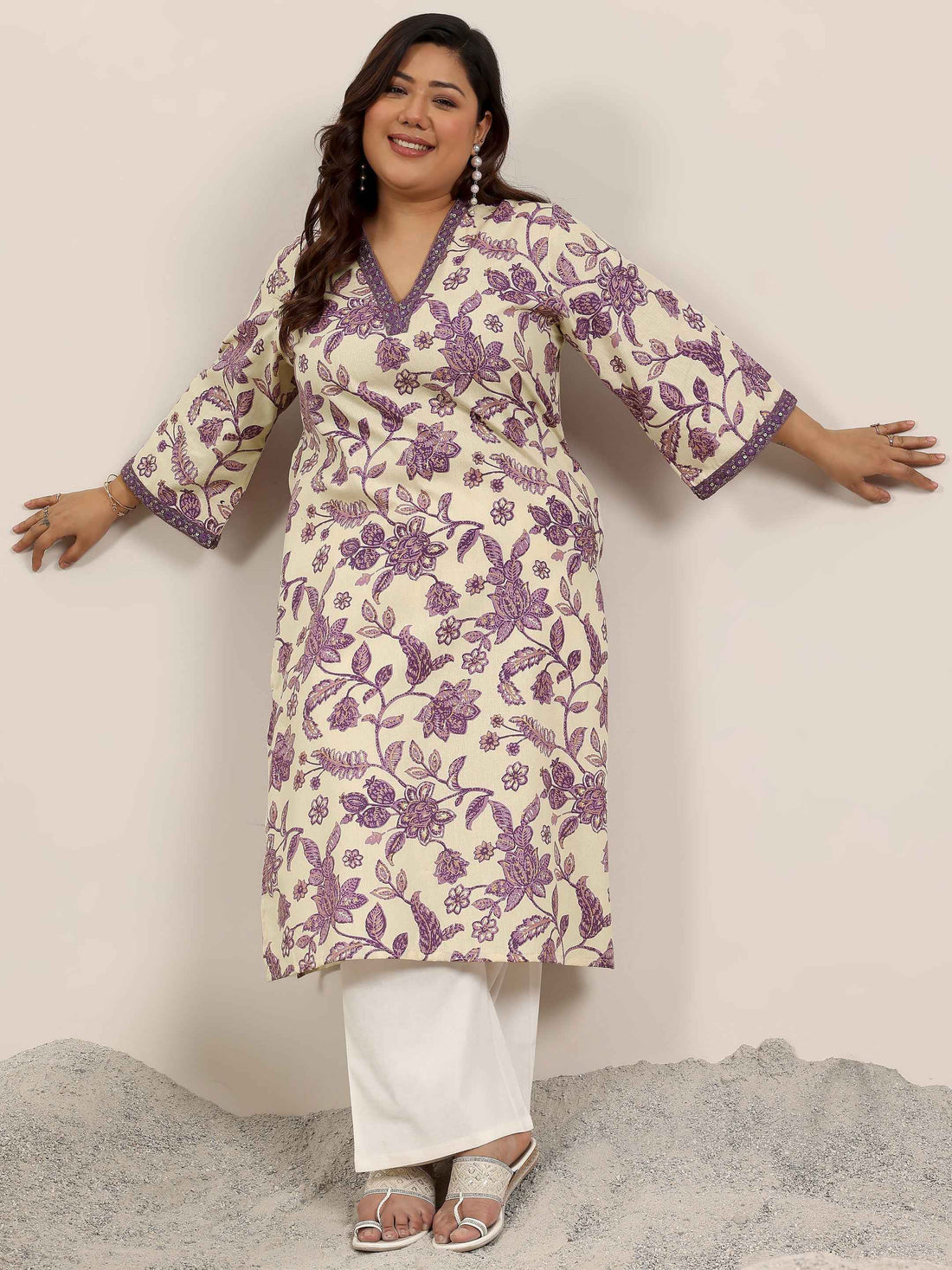 Plus Size Off White Printed Rayon Kurta