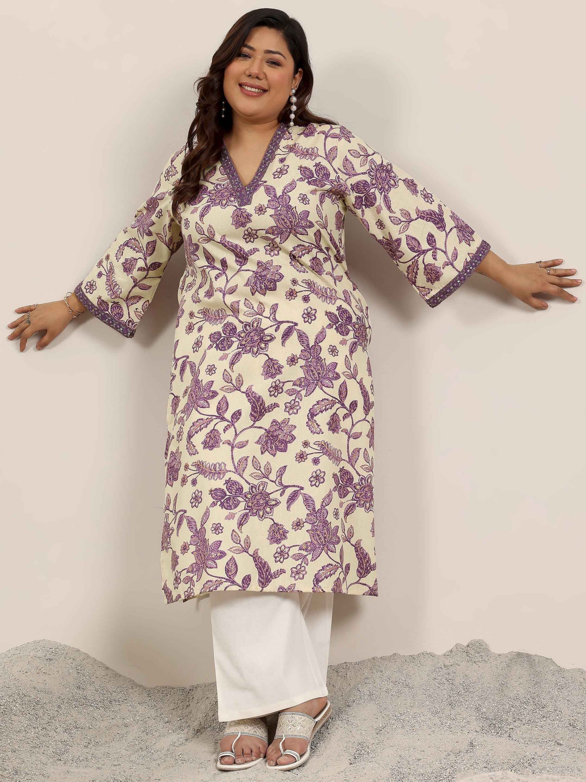 Plus Size Off White Printed Rayon Kurta