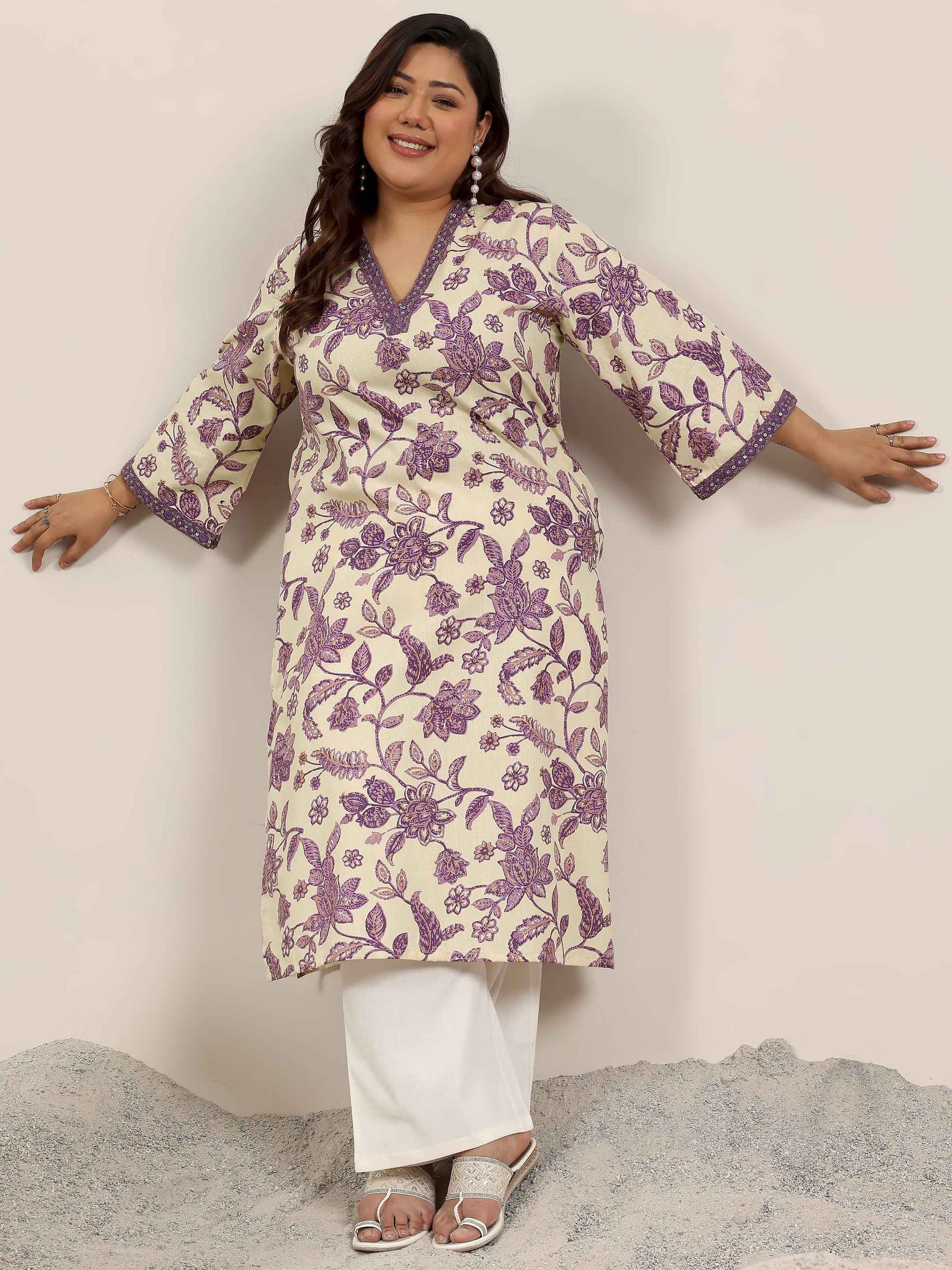 Plus Size Off White Printed Rayon Kurta