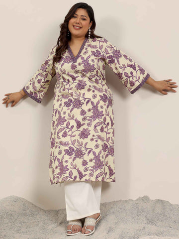 Plus Size Off White Printed Rayon Kurta