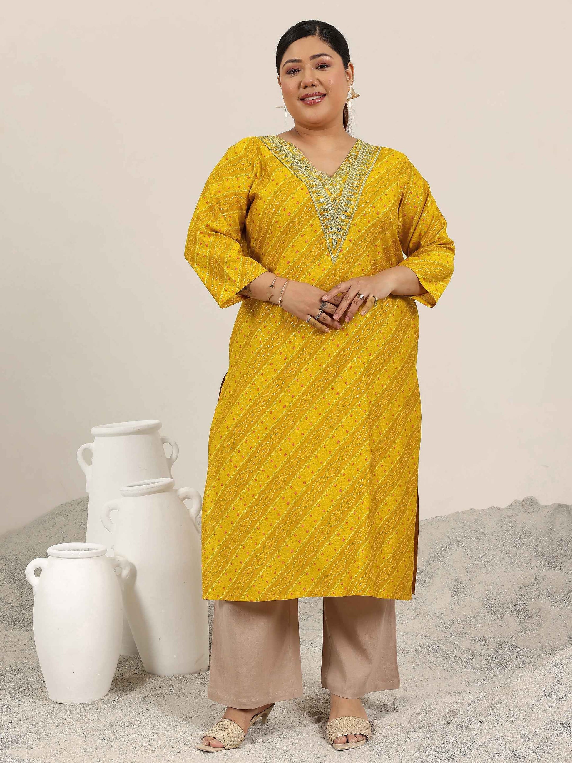 Plus Size Mustard Printed Silk Straight Kurta