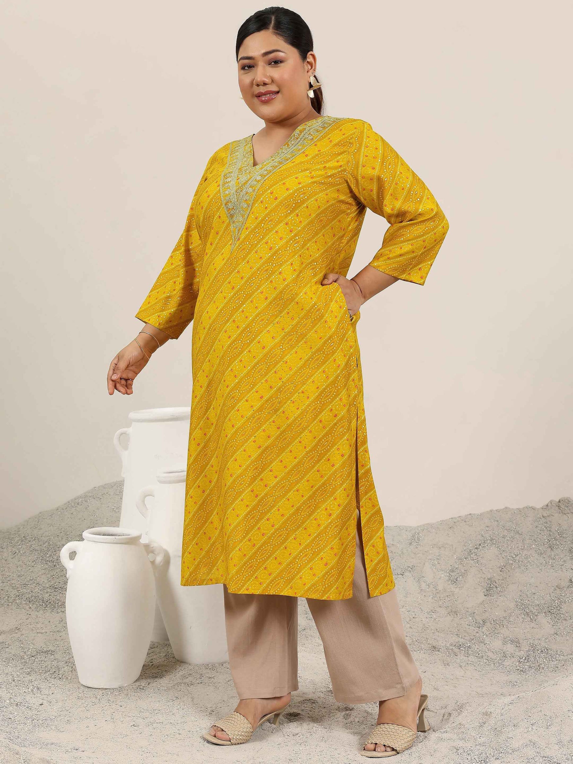Plus Size Mustard Printed Silk Straight Kurta