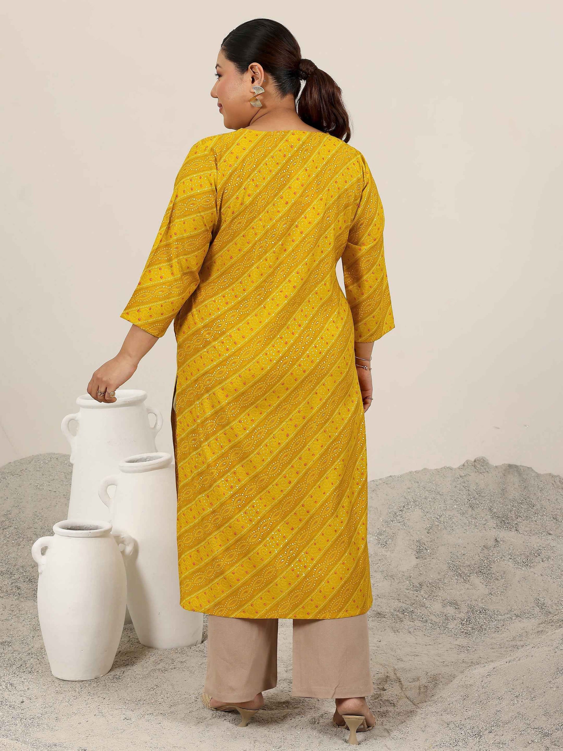 Plus Size Mustard Printed Silk Straight Kurta