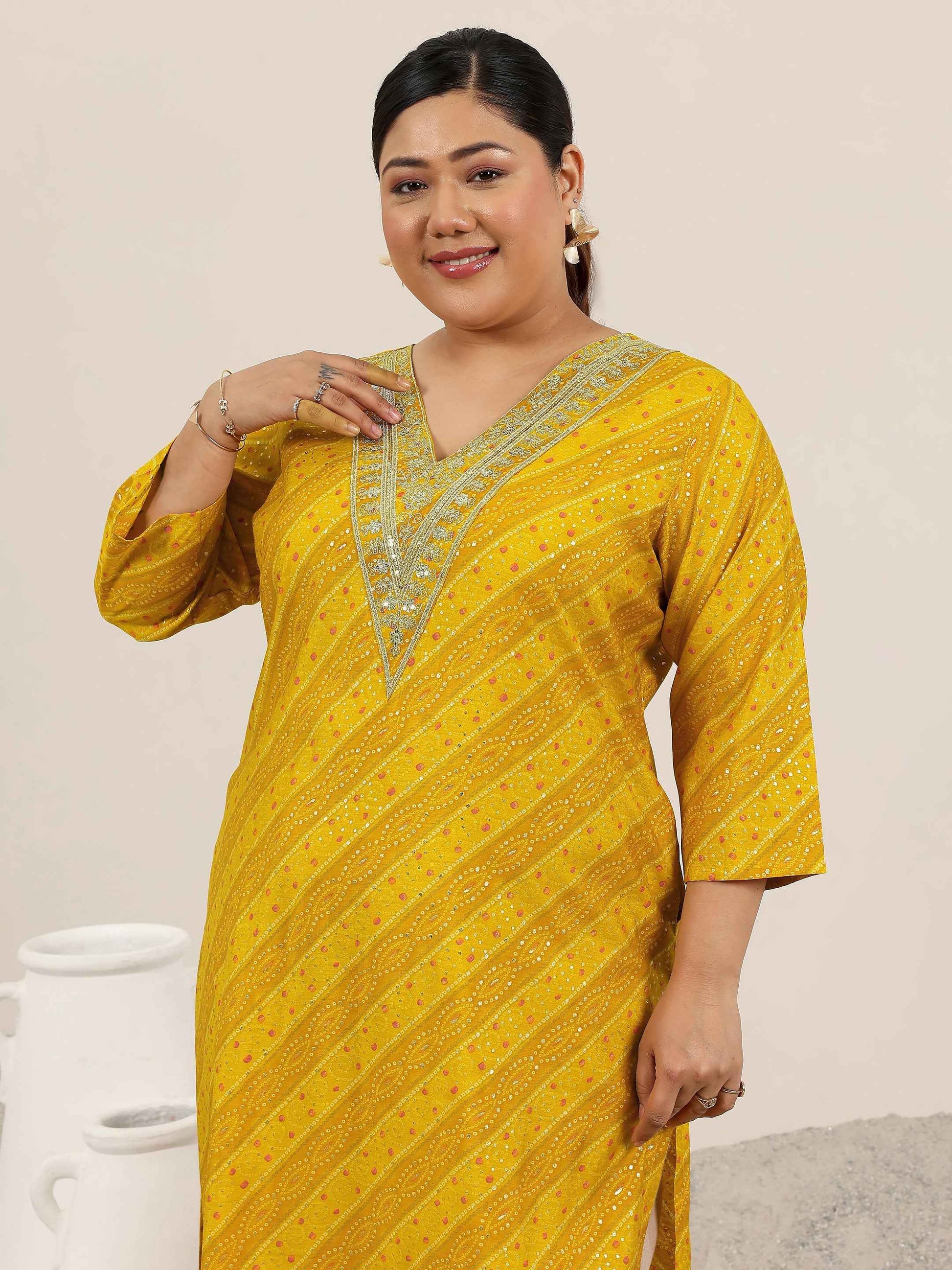 Plus Size Mustard Printed Silk Straight Kurta