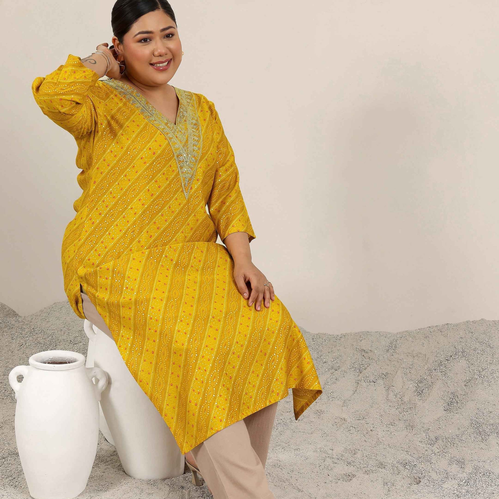 Plus Size Mustard Printed Silk Straight Kurta