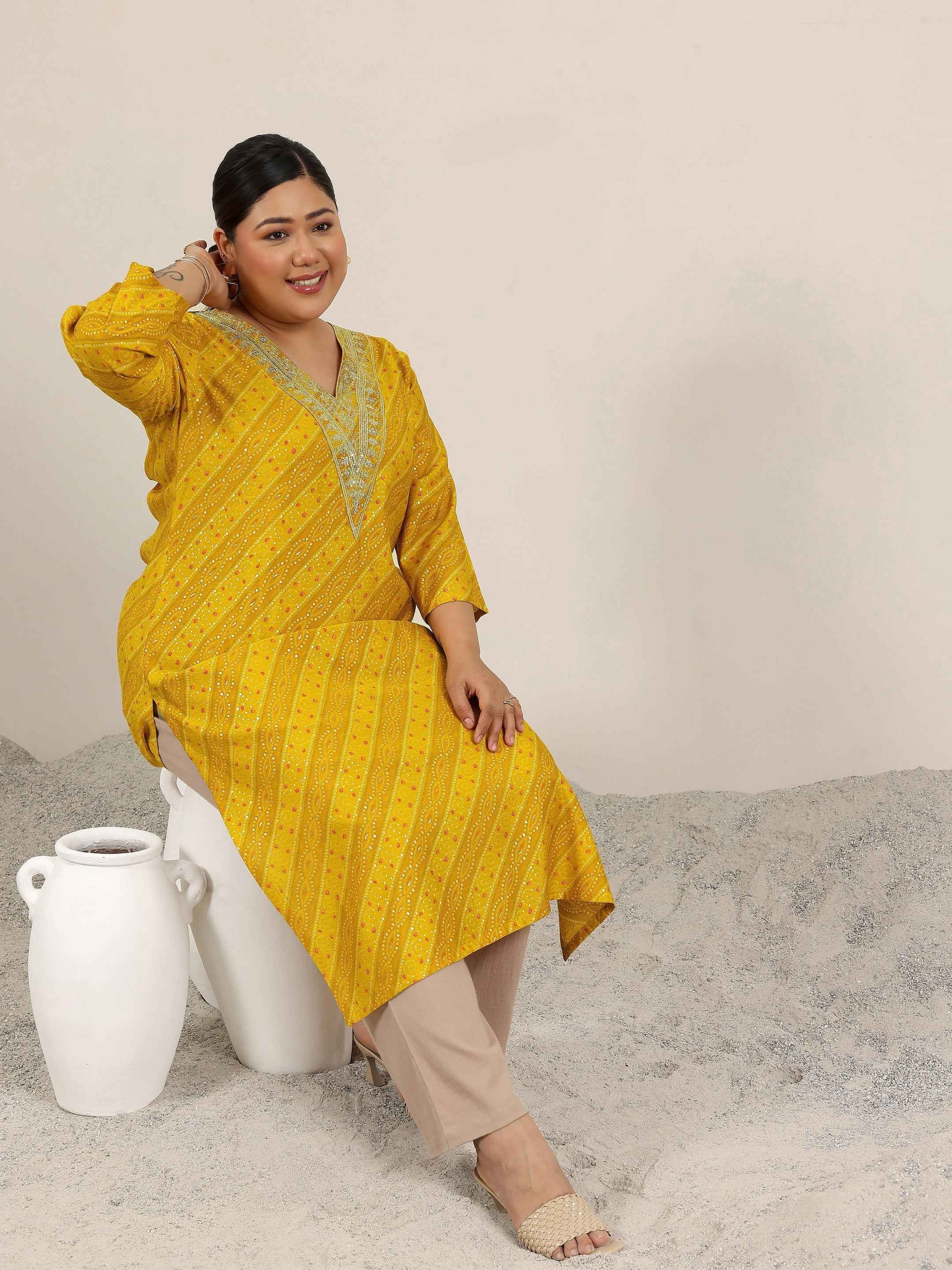 Plus Size Mustard Printed Silk Straight Kurta
