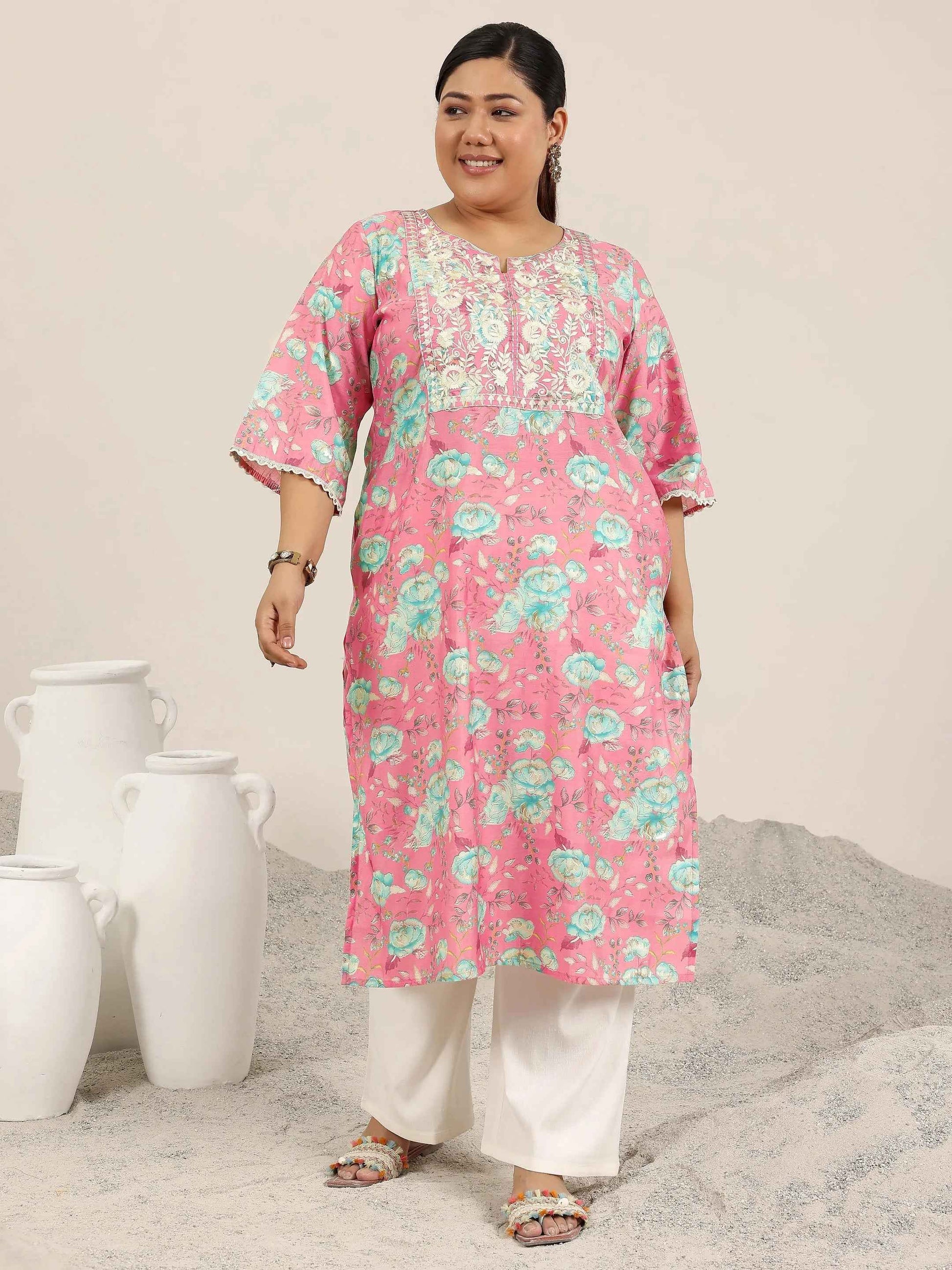 Plus Size Pink Printed Silk Blend Straight Kurta