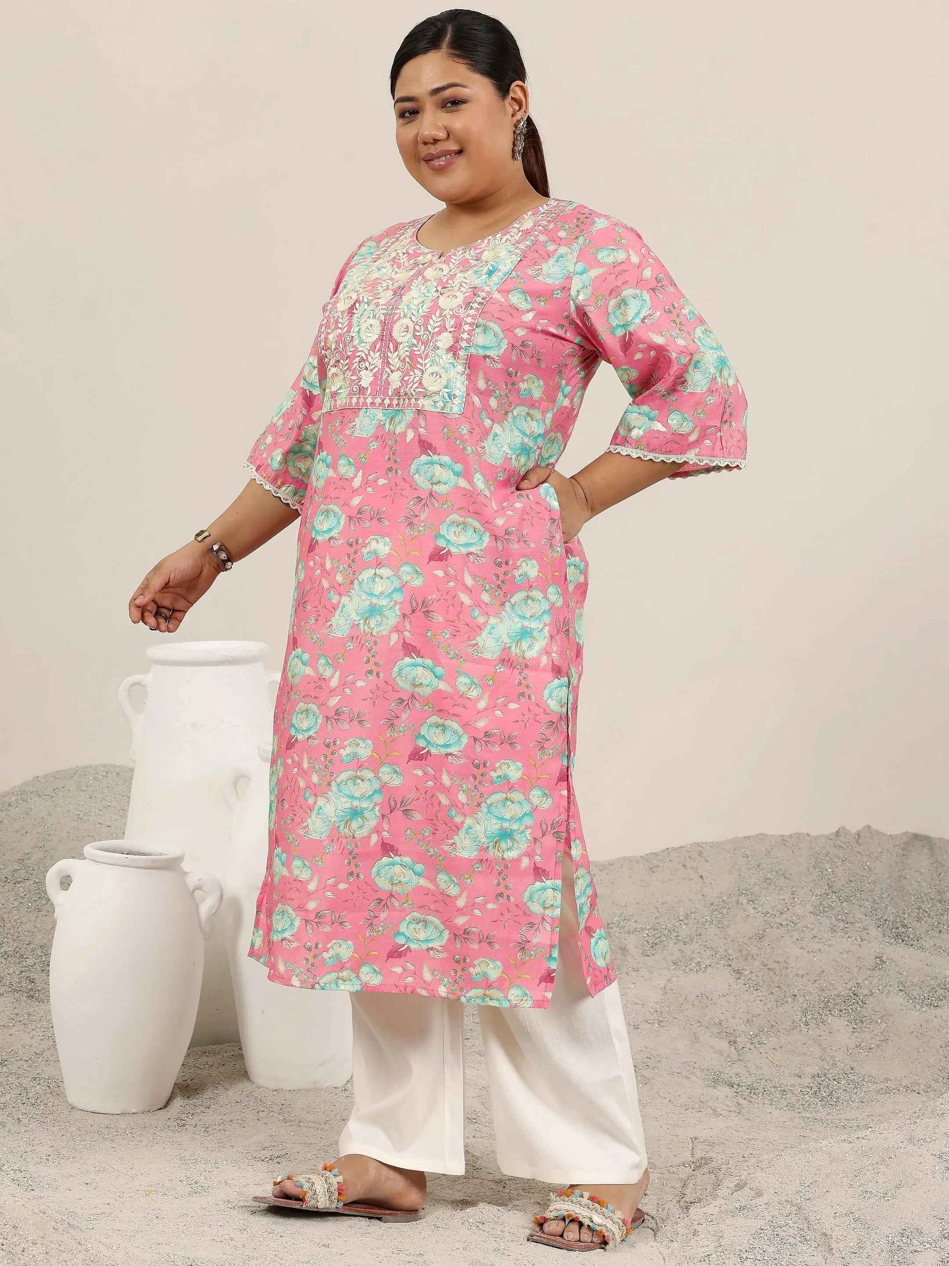 Plus Size Pink Printed Silk Blend Straight Kurta