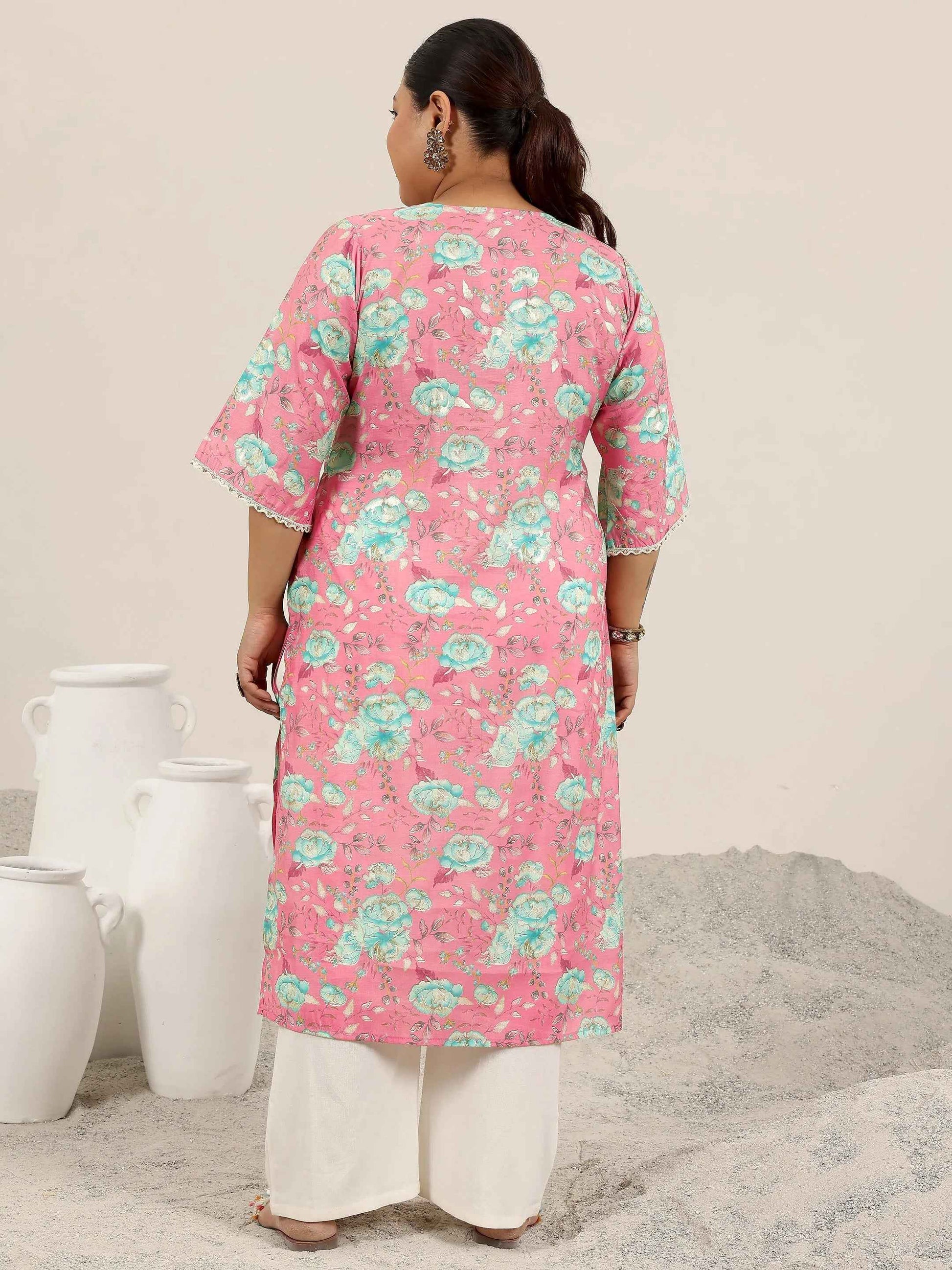 Plus Size Pink Printed Silk Blend Straight Kurta