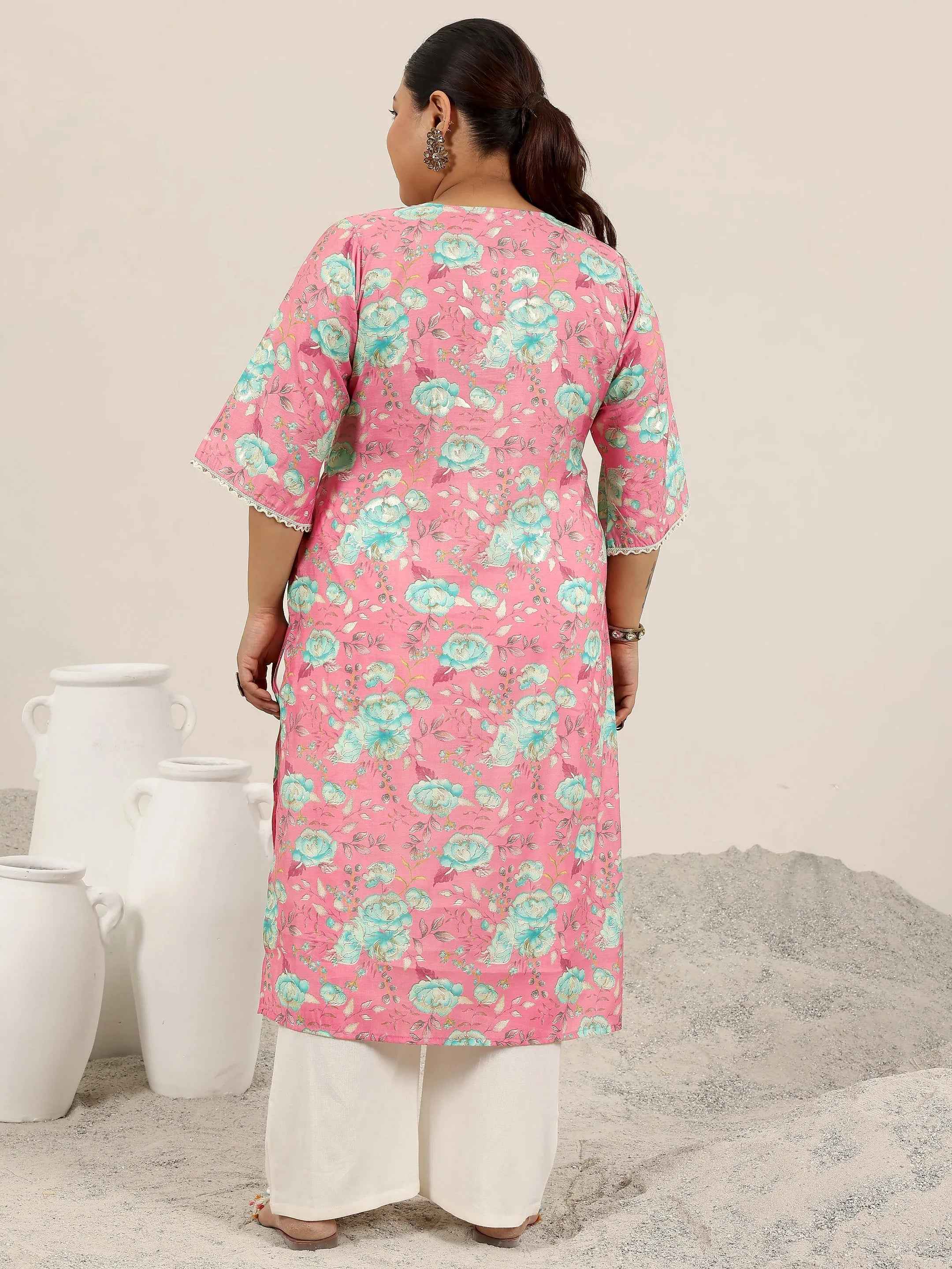 Plus Size Pink Printed Silk Blend Straight Kurta