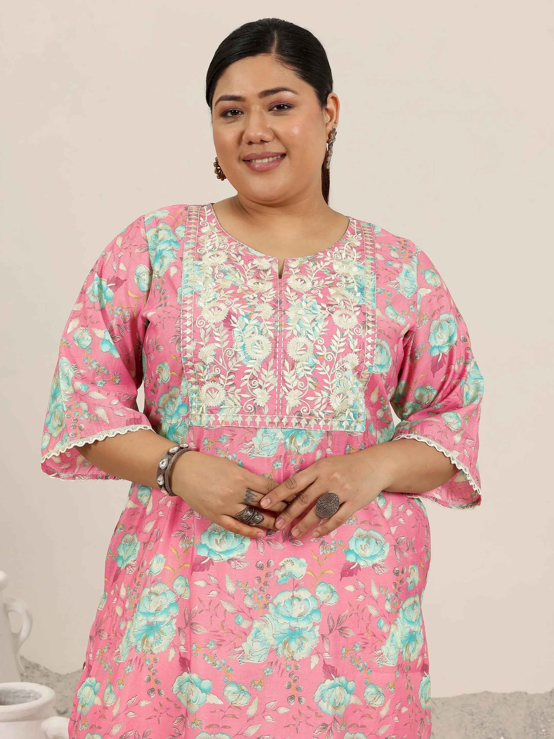 Plus Size Pink Printed Silk Blend Straight Kurta