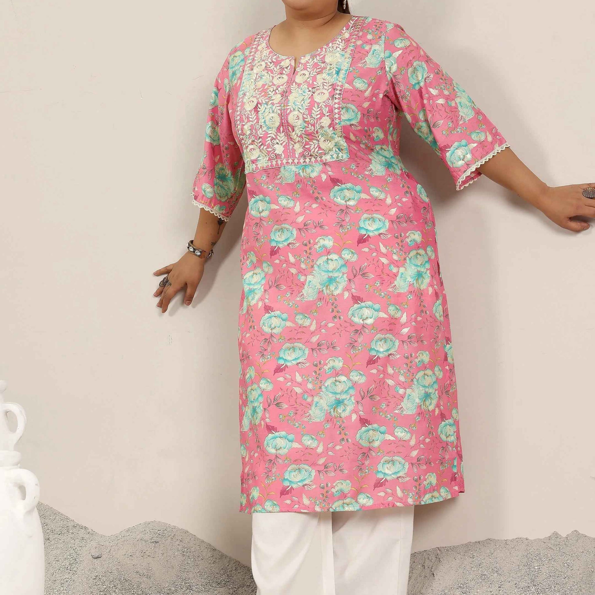 Plus Size Pink Printed Silk Blend Straight Kurta