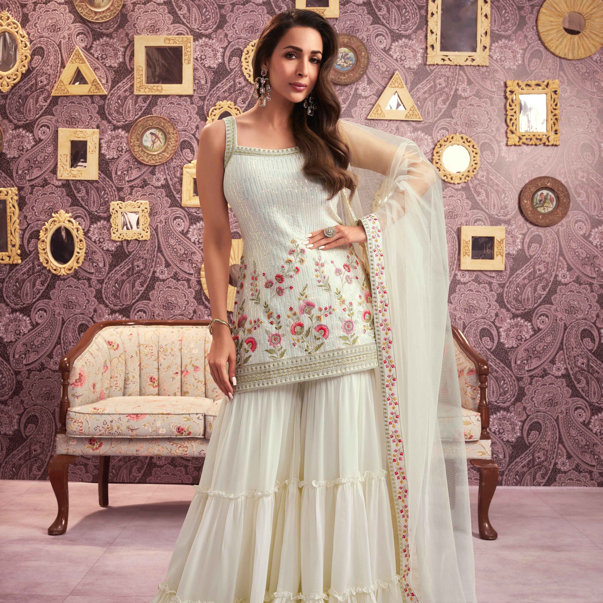 Women Floral Embroidered Regular Sequinned Kurti with Sharara & With Dupatta