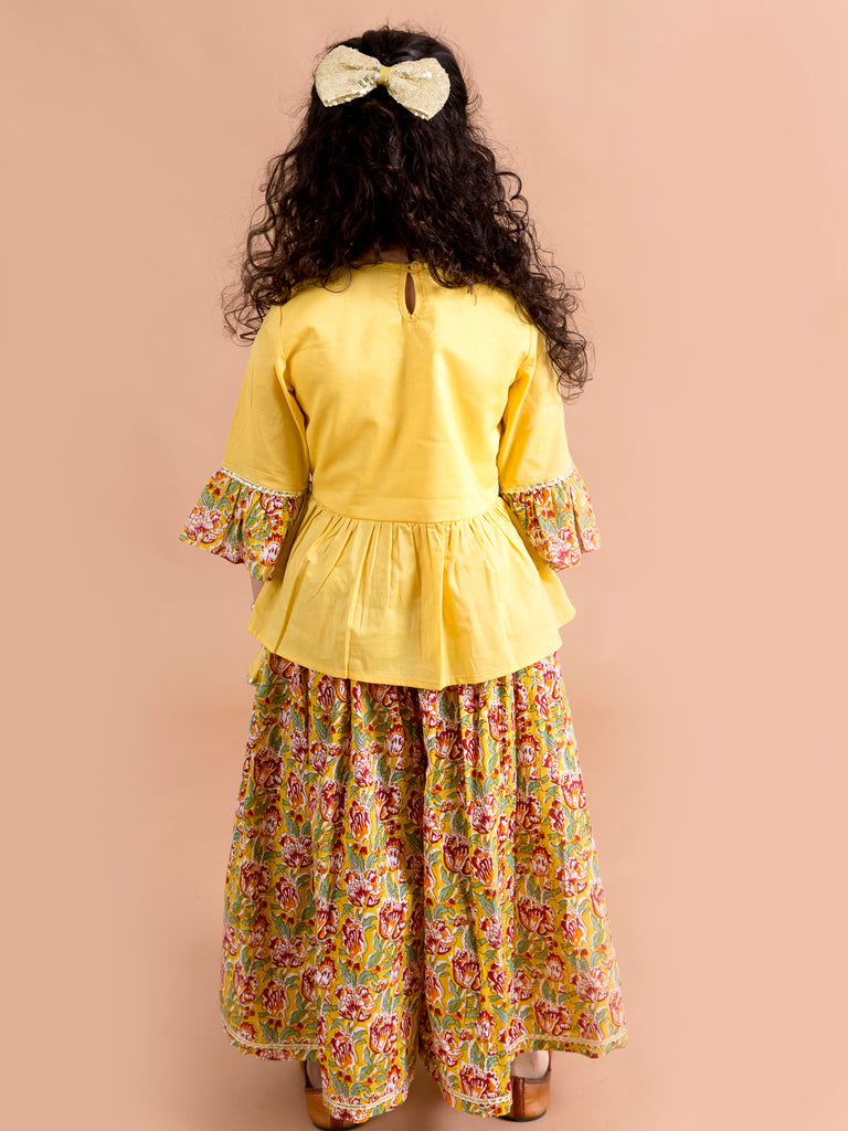 Pspeaches Girls Mustard Yellow Floral Printed Angrakha Pure Cotton Kurti With Palazzos (IW-Floralmustard)