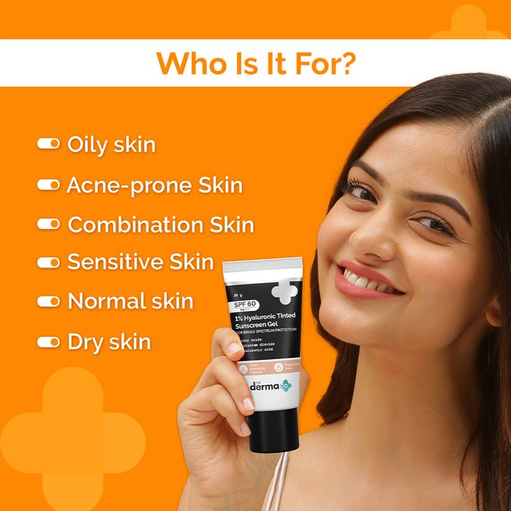 The Derma Co 1% Hyaluronic Tinted Sunscreen Gel with SPF 60 & PA++++ for Broad Spectrum Protection - 30g