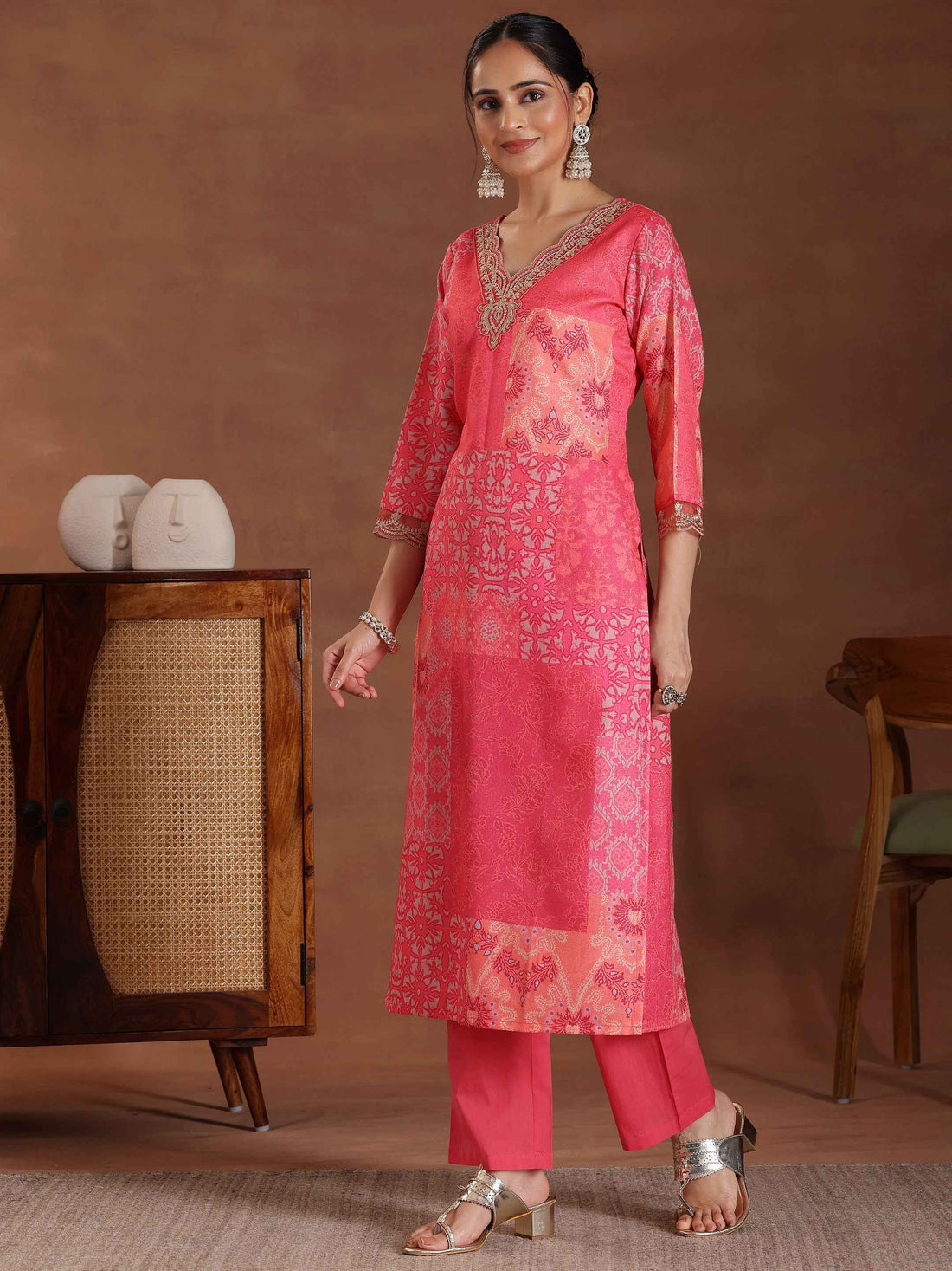 Pink Printed Cotton Blend Straight Suit With Dupatta