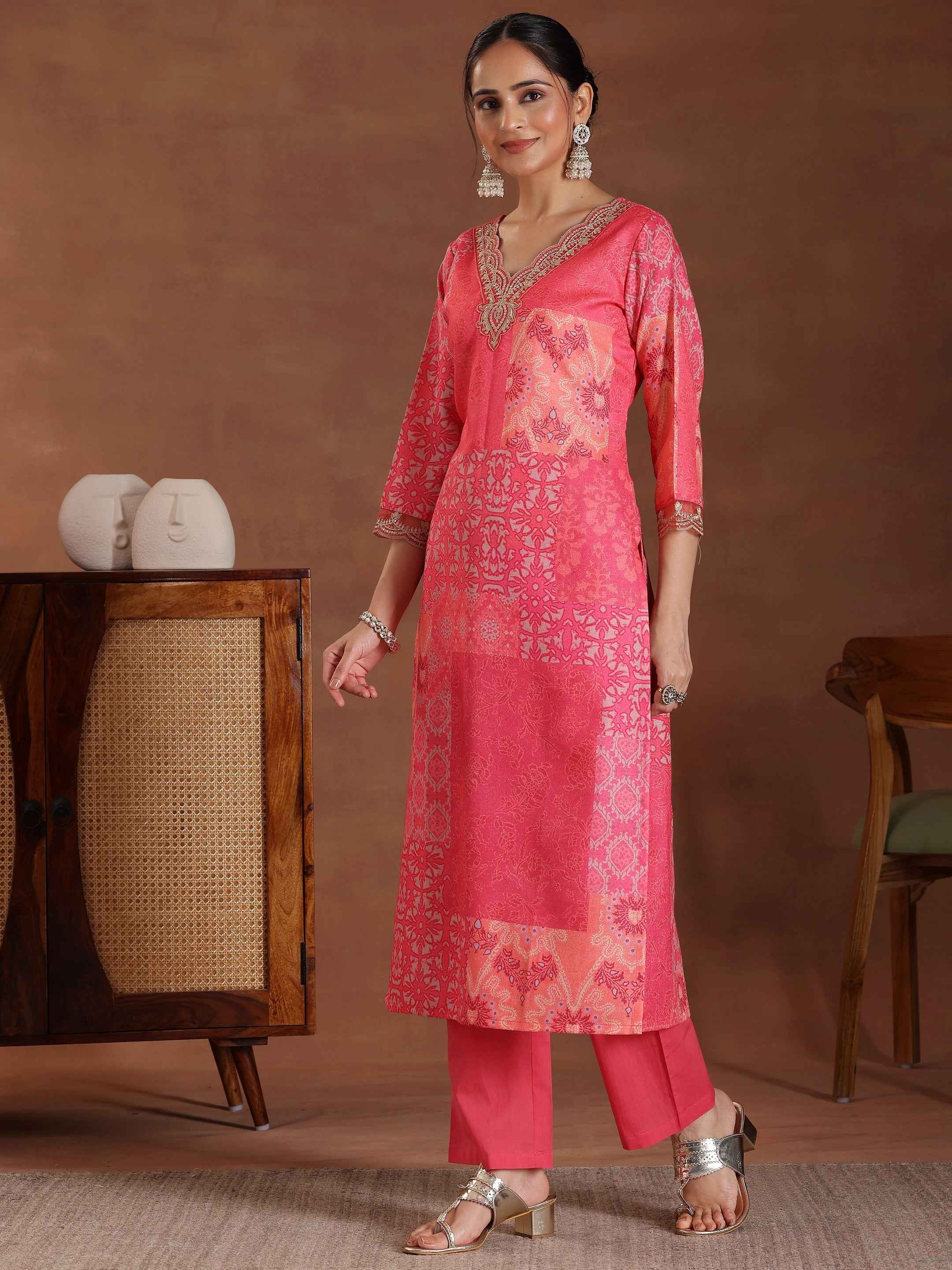 Pink Printed Cotton Blend Straight Suit With Dupatta