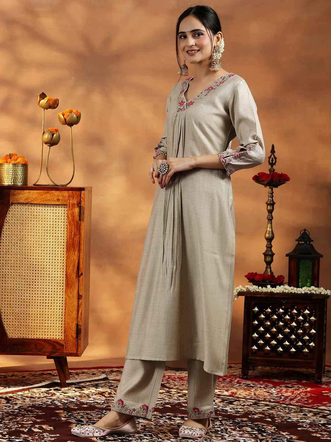 Beige Yoke Design Silk Blend Straight Suit With Dupatta