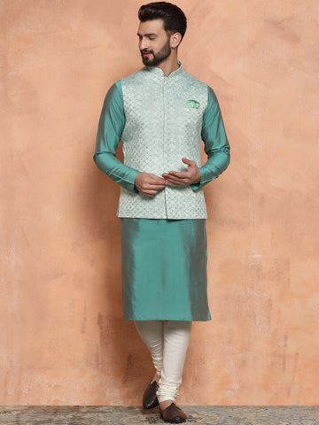 Men Regular Fit Embroidered Kurta Jacket Churidar Set
